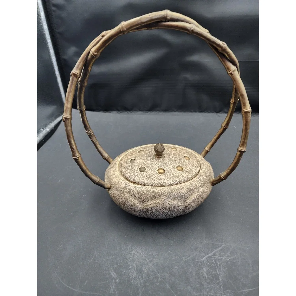 Castilian Porcelain Lidded Jar Sculpture Twisted Vine Design Brass Handle 10